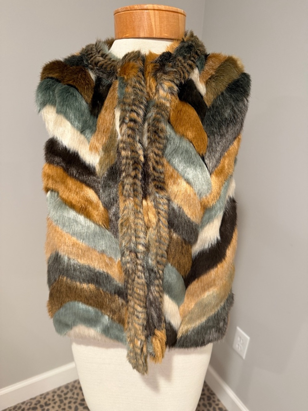 Olivaceous Black Faux Fur-Trim Jacket with Brown Fur Accent